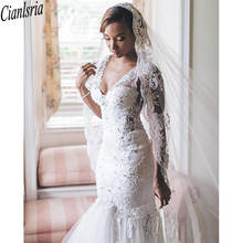 African Mermaid Wedding Dresses Deep V Neck Lace Applique Chapel Train Beaded Crystals Wedding Dress Bridal Gowns vestidos 2024 - buy cheap