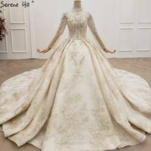 High-end Luxury Champagne Long Sleeve Wedding Dresses 2021 Diamond Sequins Sparkle Bridal Dress HX0168 Custom Made 2024 - buy cheap