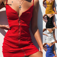 Aimsnug sexy clube preto vermelho sólido espaguete cinta bustier cintura alta magro vestido feminino 2019 verão bodycon vestidos curtos 2024 - compre barato