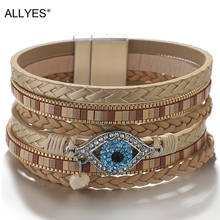 Allyes multicamadas pulseira de couro trançado para as mulheres cristal strass mal olho charme amplo envoltório pulseiras jóias femininas 2024 - compre barato