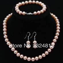 Conjunto de collar de perlas rosas redondas de 7-8mm de agua dulce cultivada AAA auténtica 2024 - compra barato