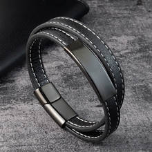 Pulsera de acero inoxidable de cuero para hombre, brazalete de varias capas, tejido a mano, color negro y dorado, con logotipo tallado para regalo de cumpleaños sorpresa 2024 - compra barato