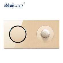 Interruptor de parede com controlador de intensidade., painel de vidro de cristal dourado com indicador led, 2 gang e 2 direções, com clique aleatório.