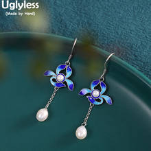 Uglyless Enamel Orchid Grass Blue Earrings for Women Vintage Dress Jewelry 925 Silver Natural Pearls Flowers Earrings Ethnic 2024 - buy cheap