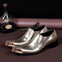 Sapato masculino de pele de cobra, elegante sapato masculino de couro envernizado dourado, ponta fina em ferro, vestido de discoteca formal, sapato oxford 2024 - compre barato
