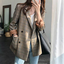 Blazer xadrez vintage com gola entalhada, casaco feminino folgado de manga comprida grade, jaqueta outono 2019 2024 - compre barato