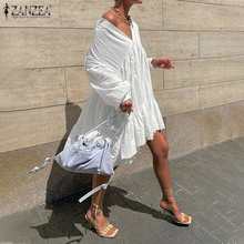 Zanzea vestido plissado feminino casual, mini vestido de verão com manga bufante e lapela, 2021 2024 - compre barato