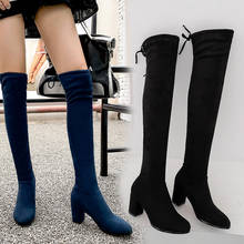 YQBTDL-Botas por encima de la rodilla de tacón alto para mujer, zapatos elásticos de ante de imitación, color negro, azul, leopardo, 2020 2024 - compra barato