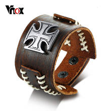 Vnox Stylish Vintage Stitching Genuine Real Leather Maltese Cross Wrap Bracelet For Men Wristband Male Retro Jewelry Pulseira 2024 - buy cheap