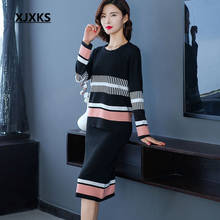 XJXKS High-quality wool knitted sweater women two-piece set 2020 spring new striped sweater + elastic waist elastic step skirt 2024 - buy cheap