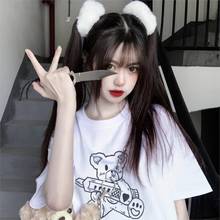 Japanese Gothic 100% cotton tops Dark bear T-shirt Big size Harajuku cartoon punk ins clothing kawaii female Ulzzang fun tees 2024 - buy cheap