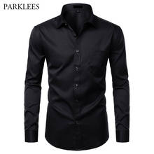 Camisa de fibra de bambu preta masculina, camisa social para homens com corte slim, cor sólida, elástica com botão para cima, camisas masculinas com bolso 4xl 2024 - compre barato