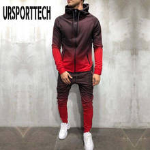 URSPORTTECH 2 pieces Mens Set Autumn Zipper Casual Tracksuit Men Pocket Hooded Sweatshirt Male Black Red Gradient Sport Suit 2024 - buy cheap