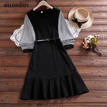 Autumn Winter Dresses Women Elegant Houndstooth Puff Sleeve Midi Dress Vintage High Waist With Belt Chic Ruffles Party Vestidos 2024 - buy cheap