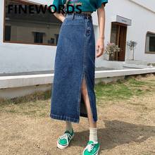 Женская джинсовая юбка FINEWORDS, с завышенной талией и разрезом по бокам, повседневная Винтажная летняя юбка в стиле Харадзюку, длинная джинсовая юбка 2024 - купить недорого