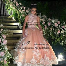 Vestidos de Quinceañera de Organza de melocotón, cuello alto sin mangas, apliques de encaje, vestido de baile de cuentas dulce 16, Vestido largo de desfile 2019 2024 - compra barato