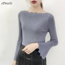 eDressU Woman Boat Neck Sweater Flare Sleeves Pullover Elegant Korean Jumper Blue Knitwear Casual Office Lady Wear HT-105 2024 - buy cheap