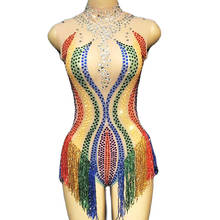 Multicolor Rhinestones Tassel Bodysuit Women Mesh Gauze Backless Bodycon Ladies Nightclub Performance Dance Stage Costumes 2024 - buy cheap