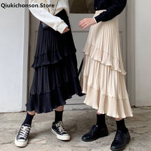 Qiukichonson-Falda plisada de cintura alta para mujer, falda larga de volantes, estilo gótico, asimétrico, color Beige, blanco y negro, para primavera y verano 2024 - compra barato