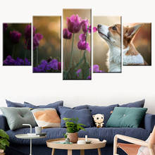 Cute Puppy Floral Poster Animal Canvas Painting Home Decor Living Room Bedroom Wall Art Mural 5 Panel HD Printing Modular 2024 - buy cheap