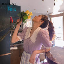 JuneLove Vintage Chiffon Shirts Womens New Summer Puff Sleeve Peter pan Collar Blouse Casual Street Lady Korean Fashion Tops 2024 - buy cheap