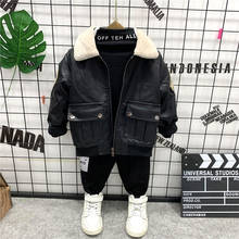 Child Sports Suit Kids Faux Leather Coat +Plus Velvet T-Shirts +Thicken Pants 3Pcs Set Winter Tracksuits Baby Boys Clothing Sets 2024 - buy cheap