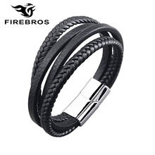 FIREBROS 2022 New Silver Color Stainless Steel Magnetic Clasp Multilayer Genuine Leather Bracelet for Men Women Rock Jewelry 2024 - buy cheap