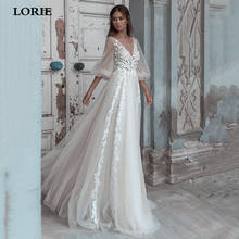 LORIE Princess Wedding Dresses Puff Sleeve 3D Lace Flowers Beach Bridal Gowns Soft Tulle V Back Boho Wedding Party Gowns 2024 - buy cheap