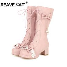 REAVE CAT mid-calf Boots Women Platform Winter lace up Lovely Sweet black Pink White Lolita Shoes Girls Boots Large Big Size 46 2024 - buy cheap