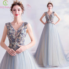 Женское вечернее платье SSYFashion, серое и синее вечернее платье с v-образным вырезом, кружевной аппликацией, бисером и шлейфом 2024 - купить недорого