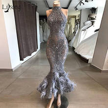 Real Picture Gray Lace Beaded Mermaid Prom Dresses Luxury Feather Formal Dress Sexy Prom Gowns Party Dress 2020 2024 - buy cheap