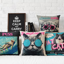 Funda de lino con dibujos animados Retro Para sofá, cojín en forma de gato, Lumbar, para el hogar 2024 - compra barato