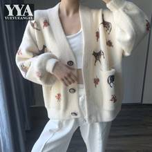 Autumn Winter Thick Single Breasted Print V-Neck Sweaters Women Lantern Sleeve Long Sleeve Knitting Cardigan Casual Sweater Coat 2024 - buy cheap