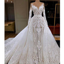 Vestido De Noiva 2020 Long Sleeve Mermaid Wedding Dress With Detachable Train Luxury Dubai Sheath Lace Appliqued Bridal Gown 2024 - buy cheap