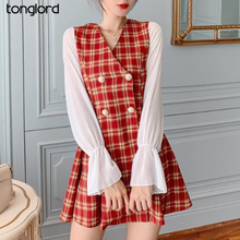 2021 Spring Summer Lace Long Sleeve Plaid Dress Women V-neck Double Breasted Hot Dresses Female Elegant Holiday Beach Vestidos 2024 - buy cheap