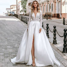 Eightree Long Sleeve Lace Wedding Dresses Satin V Neck Bridal Dress High Split A-line 2020 Wedding Gown Plus Size Robe de mariee 2024 - buy cheap