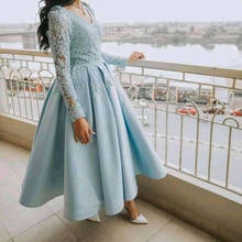 Sky Blue Lace Long Sleeves Prom Dresses 2021 Long Plus Size A Line V Neck Satin Women Formal Party Gown Vestidos de fiesta 2024 - buy cheap