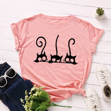 Camiseta feminina gráfica estampa gatos, camiseta feminina manga curta algodão casual preta 2024 - compre barato