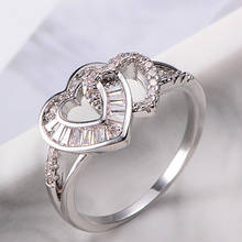 Anel feminino de zircônio, joia de metal para mulheres com coração duplo, joia de cristal zircônio, presente para festa de noivado 2024 - compre barato