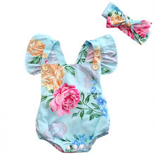 Боди с цветочным принтом для новорожденных и маленьких девочек; Летний комбинезон без рукавов с открытой спиной; повязка на голову; одежда 2024 - купить недорого