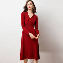 2019 New Autumn Women Vintage Sashes Bandage Dress Long Sleeve Cashmere Wool Knitted Dress V Neck Solid A-line Party Dress Red 2024 - buy cheap