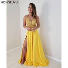 HONGFUYU 2022 Sexy Yellow Evening Formal Dresses Floral Lace Straps Prom Party Dress With Split Vestidos De Gala Satin Backless 2024 - buy cheap