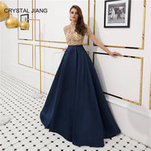 Robe De Soiree 2019 High Neck Navy Evening Dresses Long Heavy Beaded A Line Formal Gown Short Sleeves Satin Special Party Gown 2024 - buy cheap