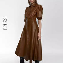 Vintage Faux Leather Dress Women Puff Sleeve long Dress Women Elegant PU Ladies Dresses korean vestidos 2024 - buy cheap