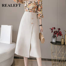 REALEFT Office Lady Skirts 2021 New Autumn Women Midi Skirts Front Cross Korean Style High Waist Button A-Line Skirts Female 2024 - buy cheap