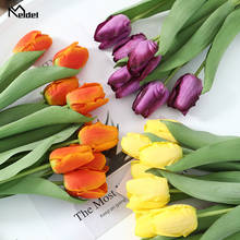Meldel flores artificiais de tulipa, arranjo de buquê para flores em seda com toque real de tulipas falsas, ramo único e decoração de festas de casamento 2024 - compre barato