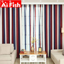 Mediterranean Red-Blue Thick Chenille Vertical Window Curtains For Living Room Beige Coffee Striped Blackout Curtains MY018-30 2024 - buy cheap