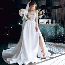 Elegant Long Sleeves Wedding Dresses Satin Side Split Lace Court Train Bridal Gowns Button White Vestido De Novia Custom Made 2024 - buy cheap