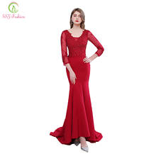 Ssyfashion novo banquete elegante vinho vermelho sereia vestido de noite sexy magro manga longa rendas apliques longo vestidos formais 2024 - compre barato