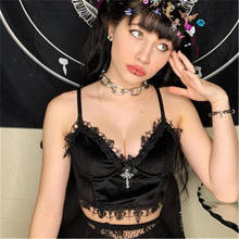 Velvet Y2K Mall Goth Crop Tops  Black Lace Trim Emo Alternative Aesthetic Crop Tops Women Backless Sexy Strap Tanks 2024 - buy cheap